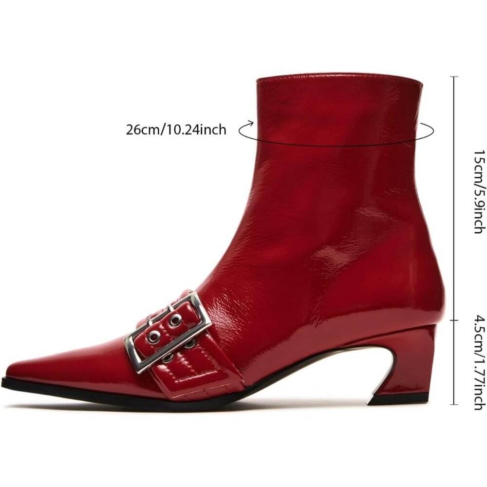 Women's Red Buckle Ankle Kitten Low Heel Eyelet Pointy Toe Dress Short Boots - Picture 4 of 9